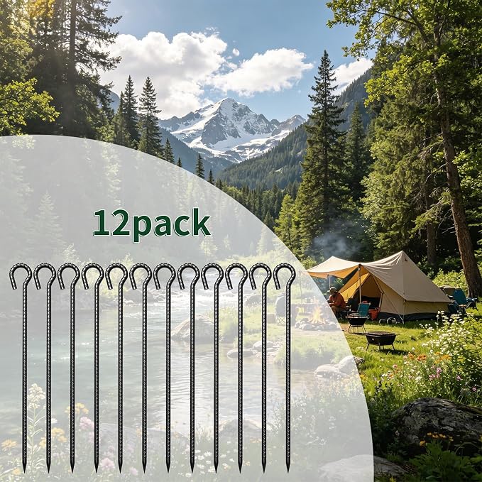 18 Inch Rebar Stakes 1/2" Diameter 12 Pack Heavy Duty Tent Stakes with Loop | Ground Stakes for Camping Canopy Trampoline, Garden Tree Support, Dog Tie Out, Black