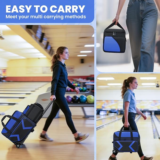 3 Ball Bowling Bags with Wheels and Shoes Compartment, Roller with Multipocket, 2 Ball Bowling Roller Bag + 1 Ball Color Matching Add On Tote (Blue-Black)