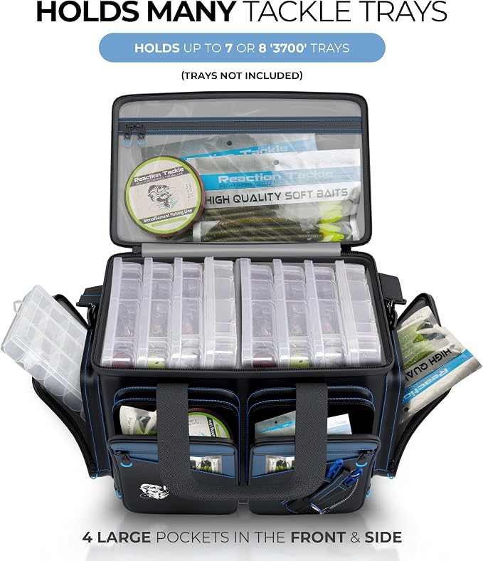Reaction Tackle Saltwater Fishing Tackle Bags, Water Resistant 1000D PVC Tackle Box Bag with Removable Dividers, Fits 3600 and 3700 Trays, Medium