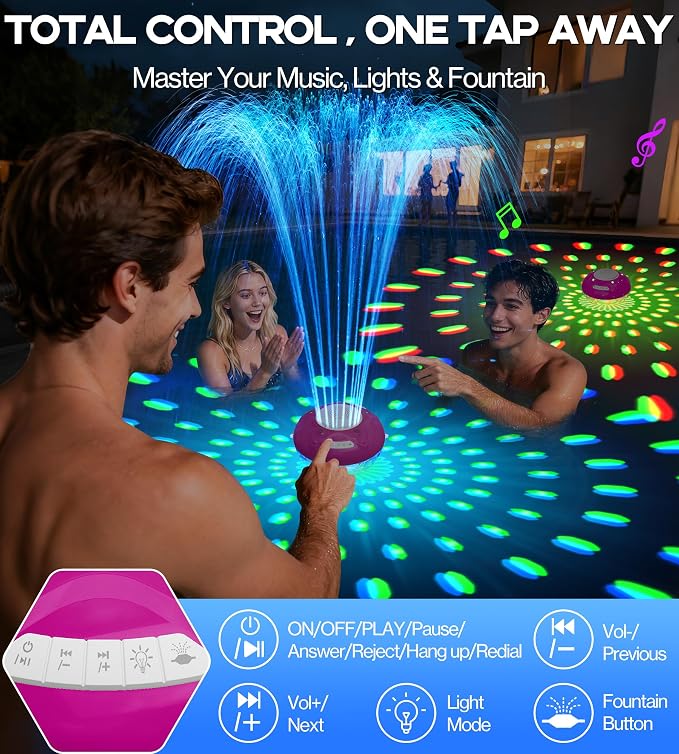 Luxfero 3 in 1 Pool Fountain with Bluetooth Pool Speaker, Floating Pool Fountain with Lights, IP68 Waterproof Hot Tub Speaker Pool Water Fountain Pump, BT5.4, Loud Sound Pool Fountain Speaker-Purple