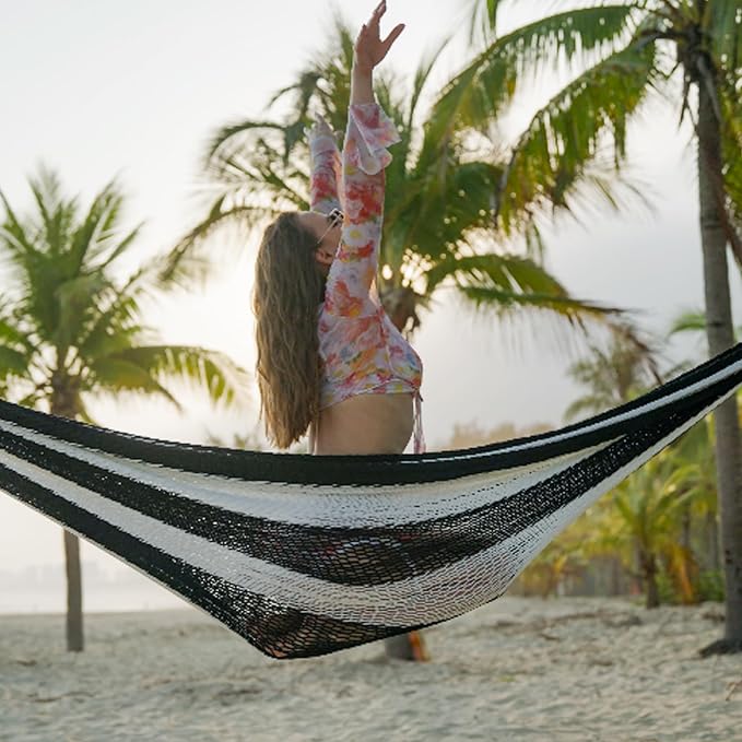 Lazy Daze Hammocks Handwoven XL Mayan Hammock, 10.5 FT Soft Rope Double Hammocks, Portable Outdoor Hammock with Carry Bag, 2 Straps & Carabiners for Patio Outside, 550 lbs Weight Capacity, Black/White