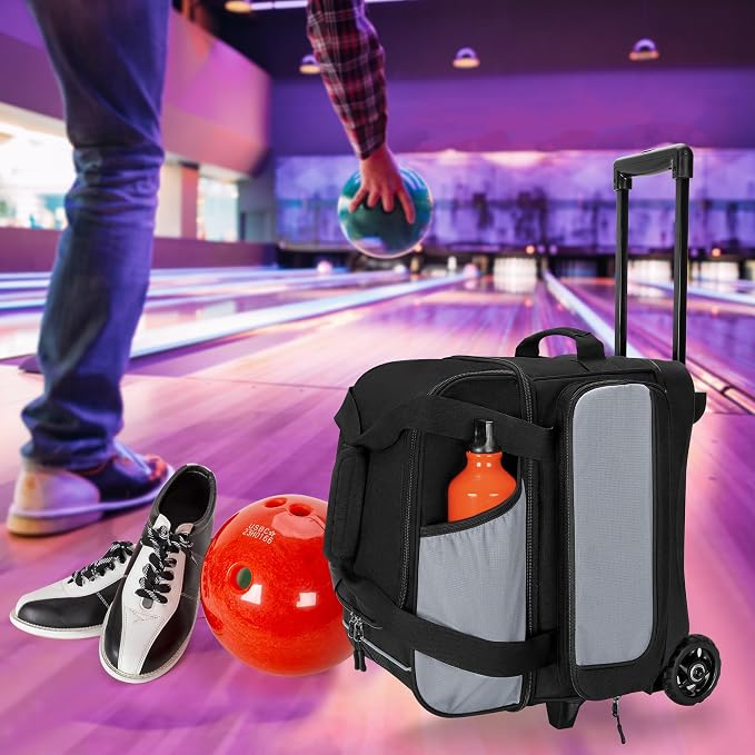 GOBUROS Single Ball Roller Bowling Bag with Wheels and Retractable Handle Extends to 35.4 Inches, Single Bowling Ball Bag with Shoe Compartment and Multiple Accessory Pockets, Black and Gray