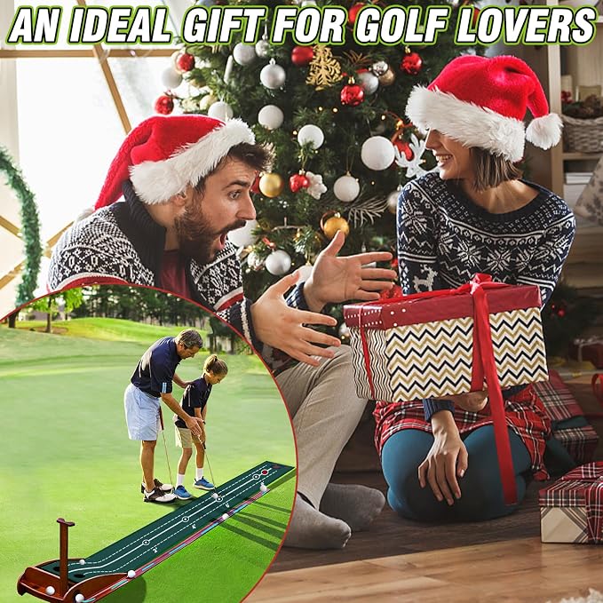 Golf Putting Mat Indoor with Automatic Ball Return, Premium Velvet Golf Practice Mat with Wooden Base, Dual Hole Sizes, Distance Markers, Indoor Putting Green for Home Office Golf Training