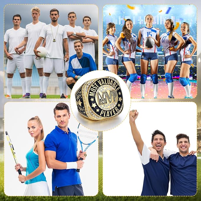 Highergo 1 PC Champion Mvp Rings Baseball Soccer Basketball Volleyball Football Softball Trophy Ring with Display Stand and Neck Chain Size 11 for Winner Tournament Award Gift(Baseball)
