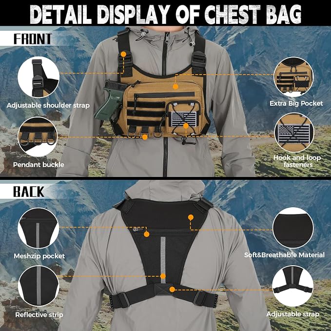 koculemi Outdoor Sports Chest Bag for Men, Chest Vest Holster Fits Most Pistols, EDC Travel Chest Pack for Running, Hiking