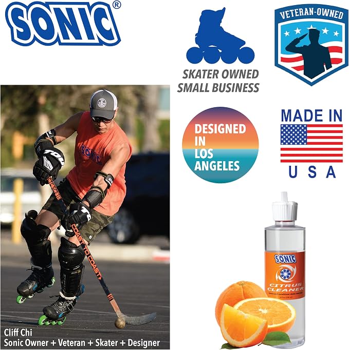 SONIC Citrus Skate Bearing Cleaner, Cleans Inline Skate, Roller Skate and Skateboard Bearings, Earth friendly, 16 oz total (8 oz per bottle), Made in USA, 2 pack