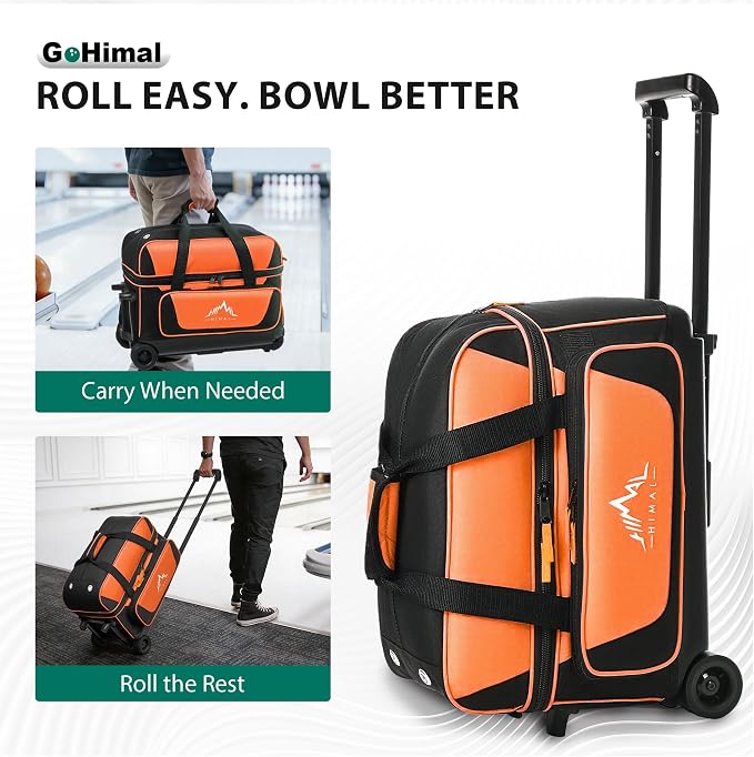 GoHimal Double Roller 2 Ball Bowling Bag with Separate Shoe Compartment for Bowling Shoes (Up To US Mens Size 15) and Oversized Accessory Pocket, Retractable Handle - Extends to 40"