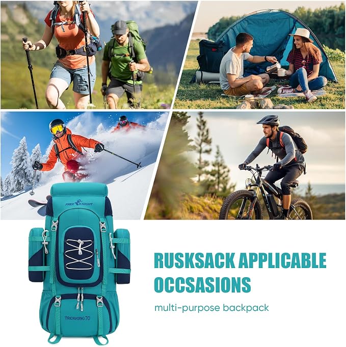 Bseash 70L (65+5) Waterproof Hiking Camping Backpack with Rain Cover, Outdoor Sport Travel Daypack for Climbing Touring (Blue Green)