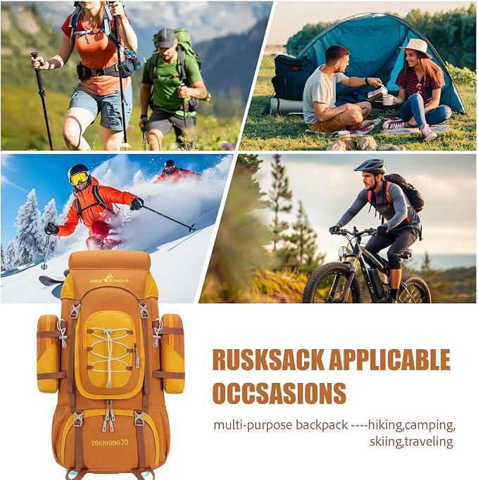 Bseash 70L (65+5) Waterproof Hiking Camping Backpack with Rain Cover, Outdoor Sport Travel Daypack for Climbing Touring (Yellow)