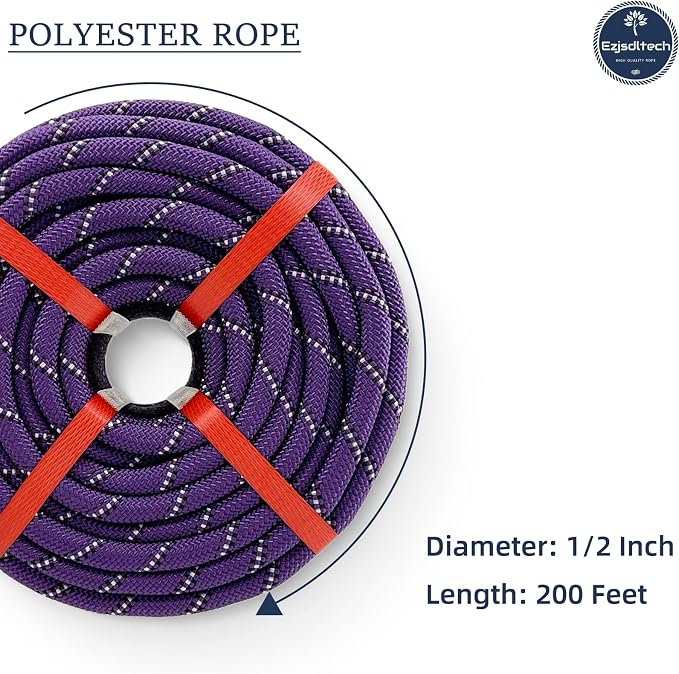 1/2 in x 200 ft Polyester Arborist Rigging Rope, Purple Braided Tree Climbing Rope 48 Strands for Farm Work and Swinging