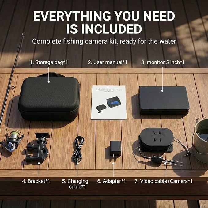 Portable Underwater Camera Fish Finder: 5 Inch IPS with 8000mAh Battery IP68 Waterproof Camera 220°Wide Angle for Lake & Murky Water | Depth Finder for Ice Fishing/Boats/Kayaks