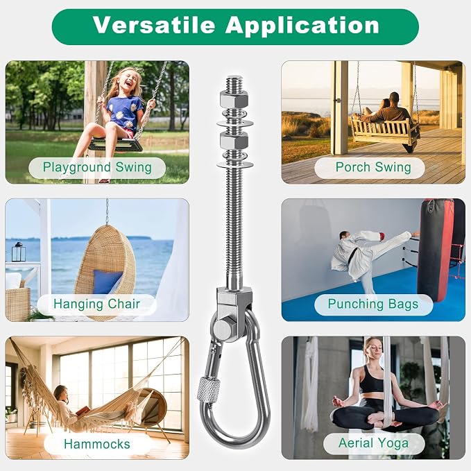 SELEWARE 2Pcs Heavy Duty Swing Hangers, 1500LB Capacity Stainless Steel Swing Set Hooks for Wood/Steel Beam, 5" x M2/5" Porch Swing Hardware for Playground Swing Hammock Chair Yoga Silk Punching Bag