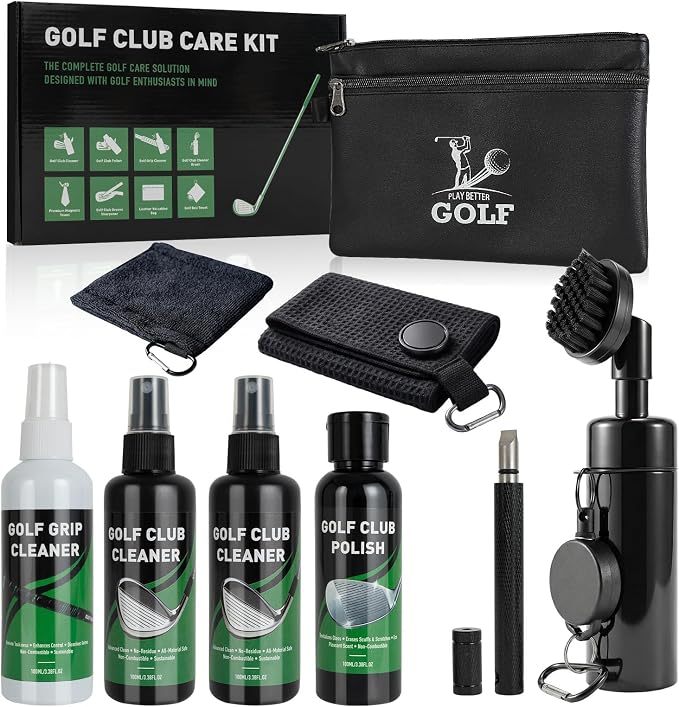 Golf Club Cleaning Kit, 8-in-1 Club Care Set with Cleaner, Brush, Groove Sharpener, Grip Cleaner, Polish, Magnetic Towel, Ball Towel & Portable Bag - Restores Shine, Removes Rust, Renews Grip