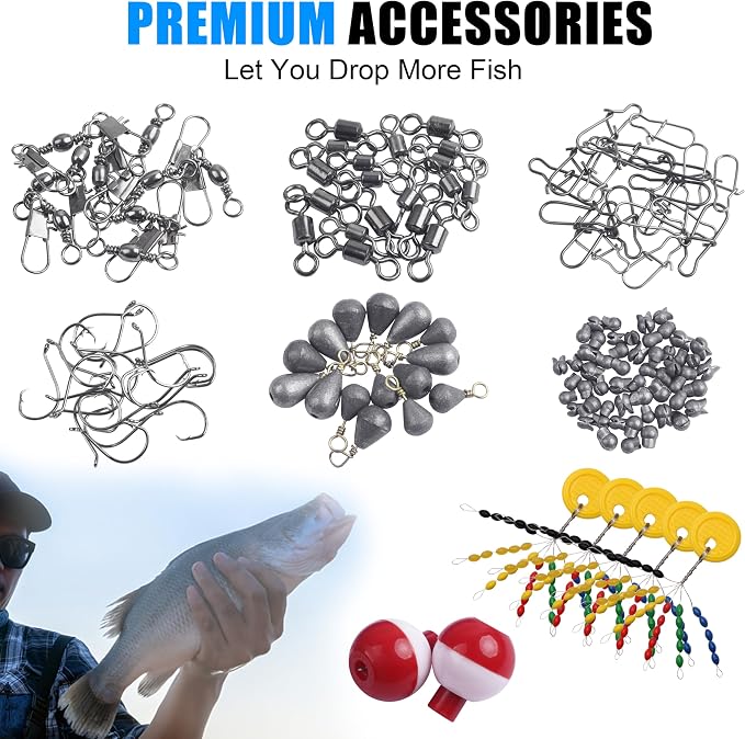 277pcs Fishing Accessories Kit, Fishing Tackle Box with Fishing Hooks Weights Swivels Snaps Sinker Slides Spinner Blade Bobber Stop Floats Beads for Bass Bluegill Crappie Saltwater Freshwater Fishing