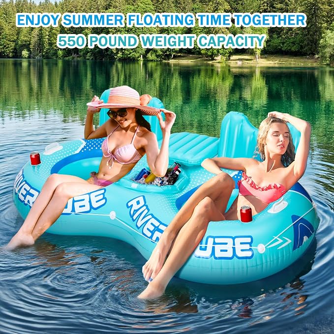 Inflatable River Tube Float, 2 Person Heavy Duty Pool Float with Built in Cooler, Ergonomic Backrest and Cup Holders for Adults, Lake Water Tubes for Floating Summer Relaxation