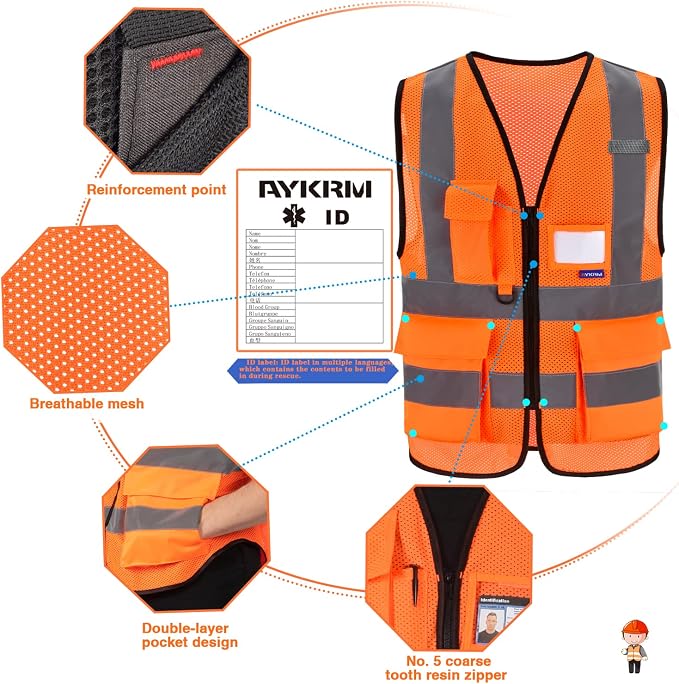 A-SAFETY High Visibility Mesh Safety Reflective Vest with Pockets and Zipper,Hi Vis Viz Reflective Safety Vest(Orange Mesh XL)