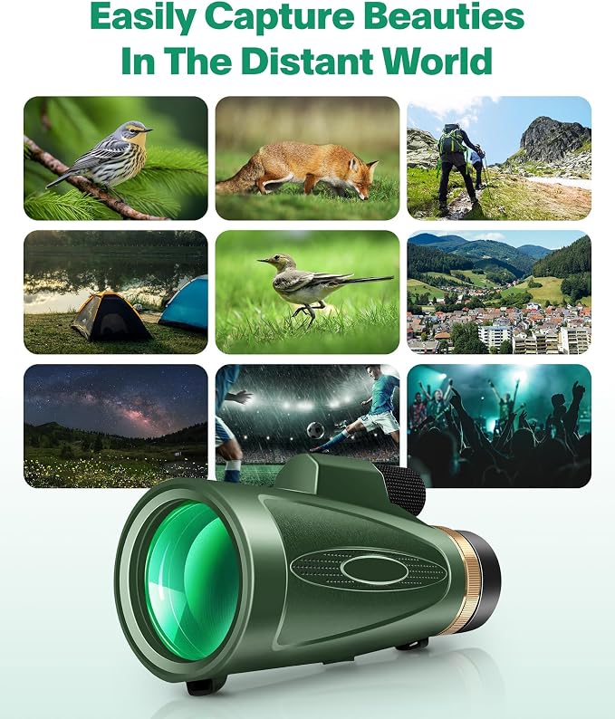 Monocular Telescope 12X60 HD High Power with Smartphone Adapter Tripod,Larger Vision Monoculars for Adults with BAK4 Prism & FMC Lens, Suitable for Bird Watching Hunting Hiking Camping Wildlife-Green