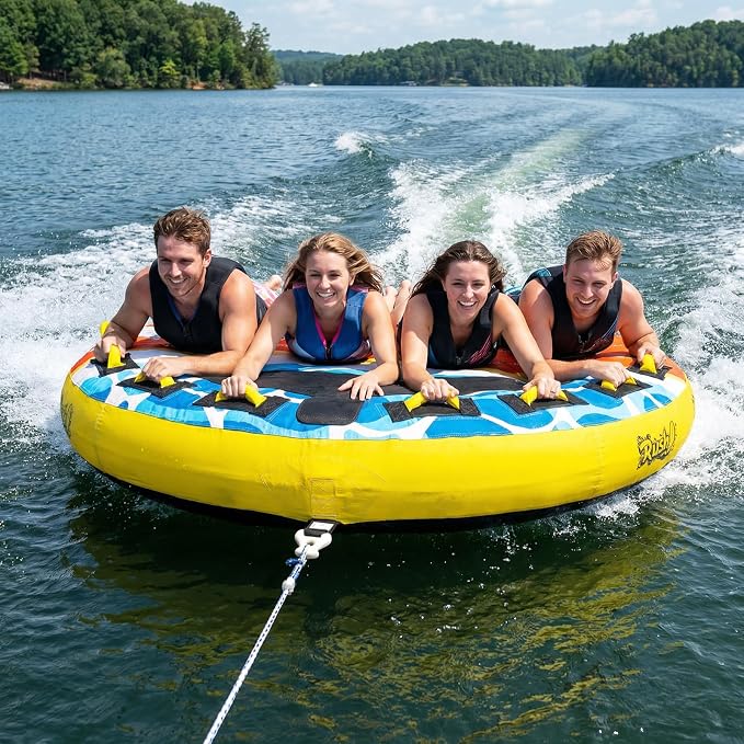 Heavy-Duty Towable Tube for Boating, Boat Tubes with Nylon Cover, Inflatable Water Sport Towables with Front Back Tow Points, Super Round Design