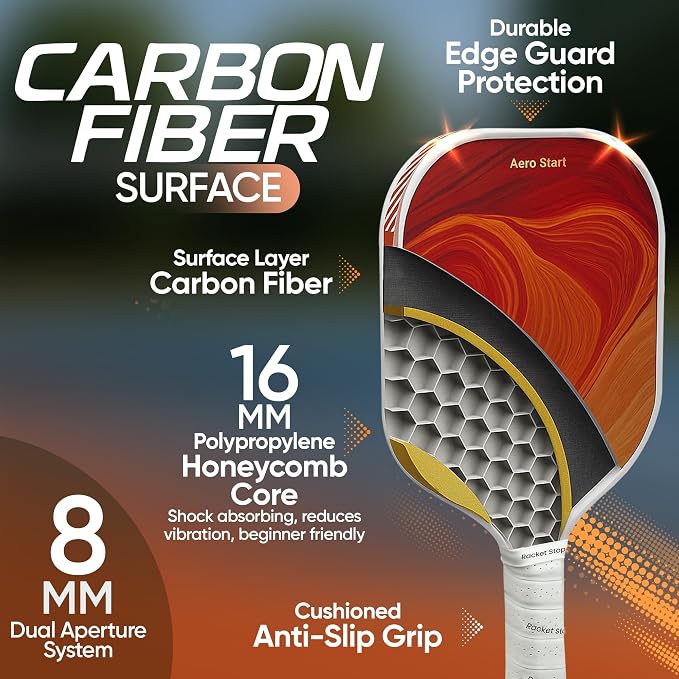 Aero Start Pickleball Paddle for Beginners – Carbon Fiber Surface, Large Sweet Spot, Lightweight Design, Cushioned Anti-Slip Grip, Shock-Absorbing 16mm Polypropylene Core, Gift-Ready Box
