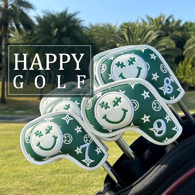 Barudan Golf Iron Head Covers, Golf Iron Covers Set 10pcs #4-9 Aw, PW, SW, Xw, Fits All Brands, Green, Emoji Pattern, Hook & Loop Closure, Faux Leather Material, Golf Gifts for Men/Women Golfers