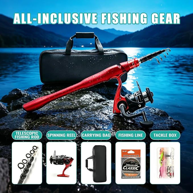Fishing Rod and Reel Combo Kit, 2PACK Carbon Fiber Telescopic Fishing Pole | 2PACK Portable Spinning Reel Set with Lures,Lines,and Carry Bag for Travel Outdoor Fishing