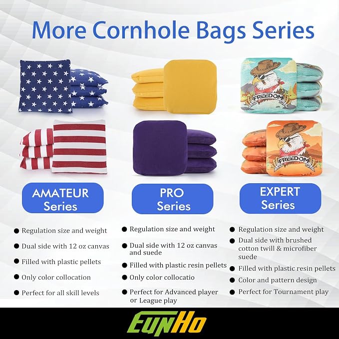 EunHo Regulation Cornhole Bags Set of 8 - Dual Sided Slick and Stick Cornhole Bean Bags for Tossing Game Professional All Weather Pro Corn Hole Bags with Tote Bag