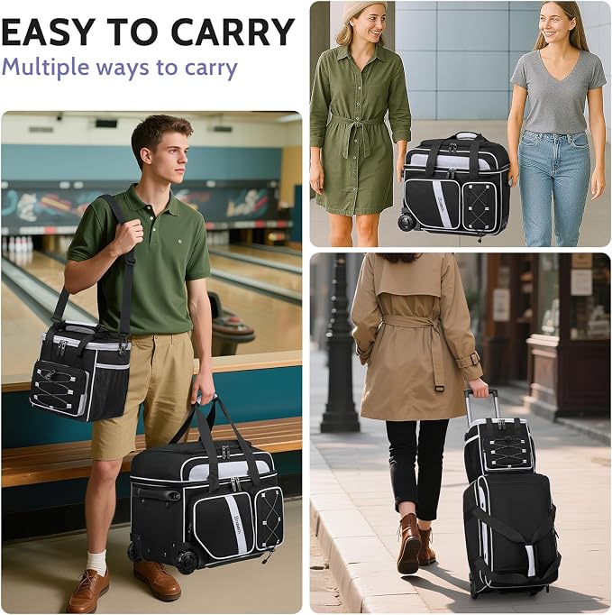 BOSSTIN 3 Ball Bowling Bag with Wheels, 2 Ball Bowling Bags Double roller with 1 Ball Add On Bag, Multi-Pockets & Shoe Compartment (Fits Up to Size 15)