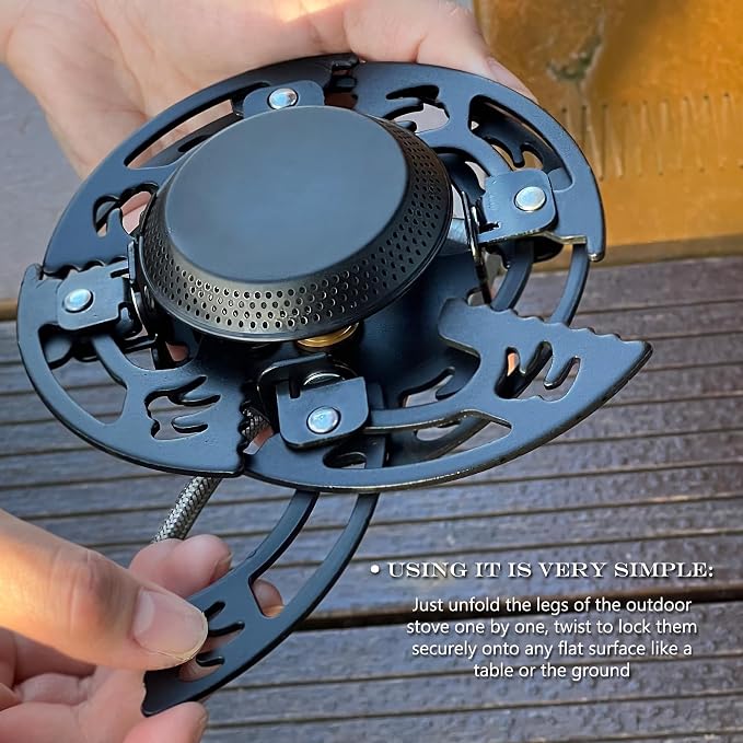 Foldable Camping Stove, Portable Windproof Gas Stove with 3 Gas Canister Converters - Compact Outdoor Cooker for Hiking Backpacking, Includes EVA Carrying Case, Wind Shield & Pot Support (Black)