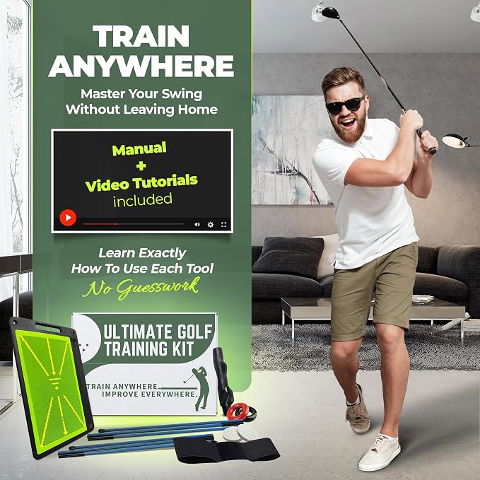 6-in-1 Golf Swing Trainer with Divot Board, Golf Grip Trainer, Alignment Sticks and Training Aid | Golf Accessories for Men & Women | Hitting Mat Practice Indoor & Outdoor