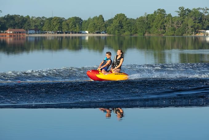 Airhead Hot Dog Towable Tube for Boating, 1-5 Rider Inflatable Boat Tube for Water Tubing, Full Nylon Cover, EVA Padding, Foam Padded Handles w/Neoprene Knuckle Guard, Speed Safety Valve