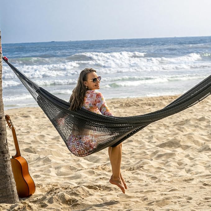 Lazy Daze Hammocks Handwoven XL Mayan Hammock, 10.5 FT Soft Rope Double Hammocks, Portable Outdoor Hammock with Carry Bag, 2 Straps & Carabiners for Patio Outside, 550 lbs Weight Capacity, Gray