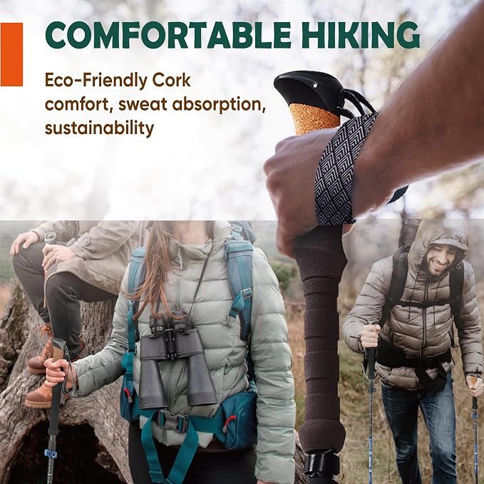TREKOLOGY Trek-Z Cork Grip Trekking Poles – Lightweight Folding Hiking Poles, Adjustable Height, Compact Travel Design, Aircraft-Grade Aluminum Walking Sticks for Men & Women