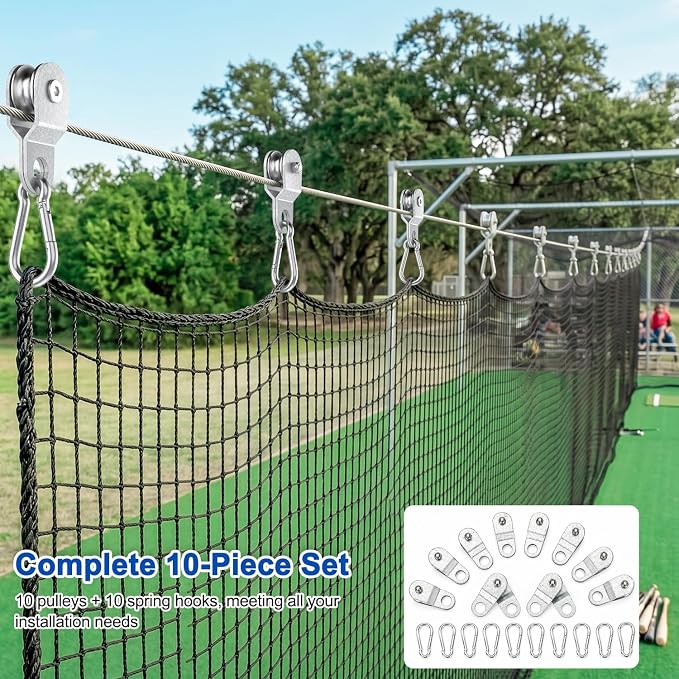 20FT Batting Cage Cable & 21 Pulleys & 21 Spring Hooks Kit, Heavy Duty Retractable Batting Cage Netting Net Wire Tension Hanging Kit, Batting Cage Frame for Indoor & Backyard, DIY Baseball