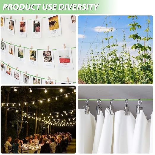 3/16" Clothes Line Outdoors, 100Ft Green PVC Coated Steel Cable Clip Clamp Kit, Multi-use Guide Wires for Climbing Grapevines Plants/Clothesline Wire for T Post/String Light Hanging Kit