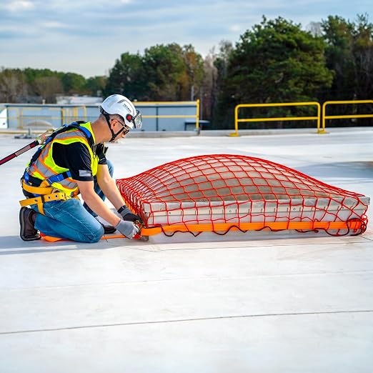 Tie Down Safety Portable Skylight Netting System | Bright Orange OSHA Compliant Temporary Fall Protection | Walking & Working Surface Safety Net | Includes Straps, Hooks & Carry Bag | 10x10 ft
