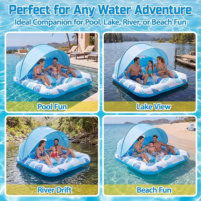 Chumia Pool Floats with Canopy for Adult, UPF50+ 1-2-3 Person Inflatable Floats with Sun Shade Backrest Footrest and Cup Holder Heavy Duty for Pool Lake River Beach Ocean Summer Party Supply