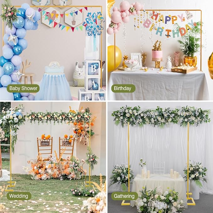 8.2FT x 8FT Backdrop Stand Heavy Duty with Base, Gold Portable Adjustable Pipe and Drape Backdrop Stand Kit, Over The Table Rod Stand with Clamps, Square Metal Arch Party Frame for Birthday Decor