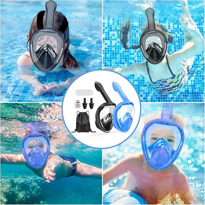 Kids Snorkel Mask Full Face, Snorkeling Gear for Kids with Camera Mount, 180 Degree Panoramic View Snorkeling Set Anti-Fog Anti-Leak