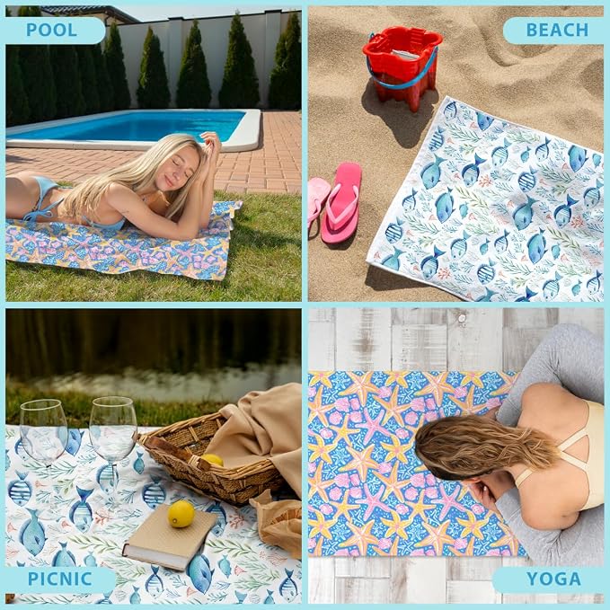 2 Pcs Microfiber Beach Towel Sand Free Quick Dry Oversized Lightweight Nautical Starfish Seashell Print Pink Blue Yellow Bath Towels for Travel Pool Swim Yoga 71 x 32 Inches