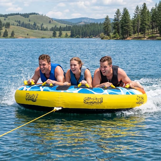 Heavy-Duty Towable Tube for Boating, Boat Tubes with Nylon Cover, Inflatable Water Sport Towables with Front Back Tow Points, Super Round Design