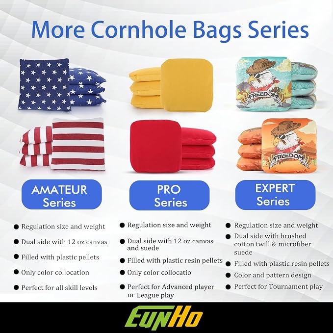 EunHo Regulation Cornhole Bags Set of 8 - Dual Sided Slick and Stick Cornhole Bean Bags for Tossing Game Professional All Weather Pro Corn Hole Bags with Tote Bag