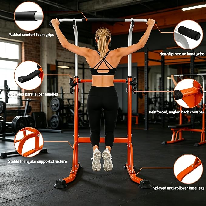 Power Tower Pull Up Bar and Dip Station, 11-Height Adjustable Pull Up Bar Station for Home Gym, Multi-Function Strength Training Fitness Equipment for Pull Ups, Dips, Push Ups & Knee Raises