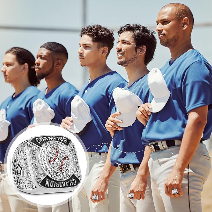 Landical 12 Pcs Baseball Championship Rings Ball Games Championship Trophy Rings Sport Ball Award Gift with Display Neck Chain and Stand for Tournament or Champion Winner