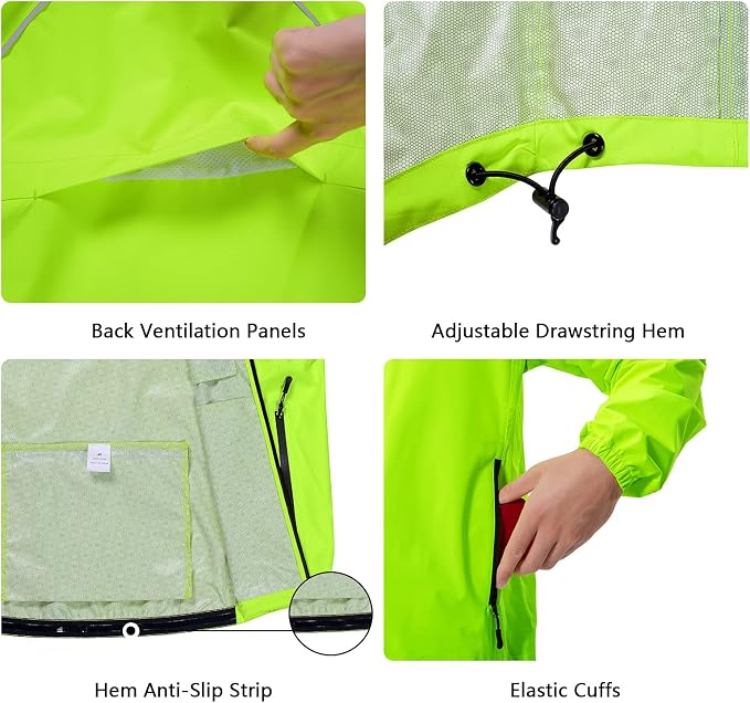 Hugut Men's Cycling Running Rain Jacket Lightweight Waterproof Biking Hiking Windbreaker Raincoat Reflective Packable