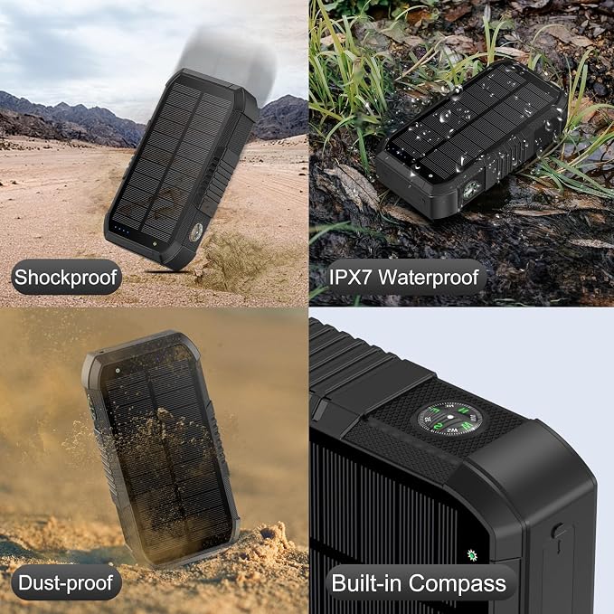 Solar Power Bank 66800mAh Built in Hand Crank and 4 Cables 22.5W Fast Charge, Camping Essentials with SOS/Strobe/Strong Flashlights, Compass Portable Charger (Black)