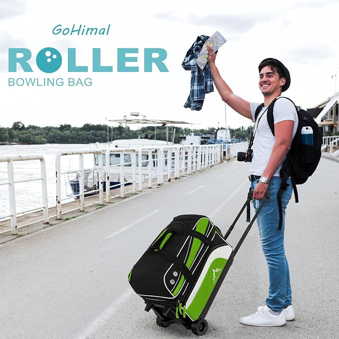 GoHimal Double Roller 2 Ball Bowling Bag with Separate Shoe Compartment for Bowling Shoes (Up To US Men Size 15) and Abundant multifunction Accessory Pocket, Upgraded fabric, Retractable Handle - Extends to 40"