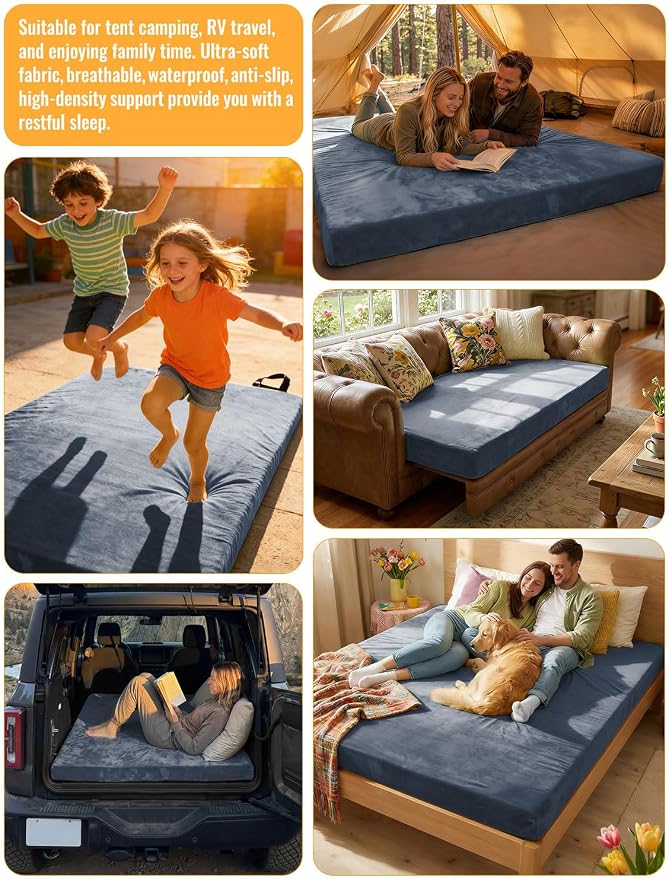 Memory Foam Camping Mattress Pad, Ventilated Breathable Design CertiPUR-US & Oeko-TEX Certified Sleeping Pad Waterproof 3inch Non-Slip Portable Sleeping Camping Mat with Storage Bag for Car Travel