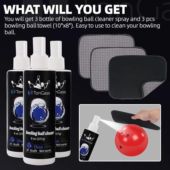 TonGass (3+3 Pack Bowling Ball Cleaner Spray Kit with Bowling Towel (Grey), Portable Bowlings Cleaner Set Accessories, Oil Scuff Mark Cleaners, Restores Tack and Prolongs Lifespan of Balls