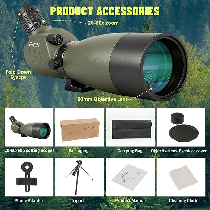 20-60x60 Spotting Scope with Tripod for Target Shooting, Bird Watching