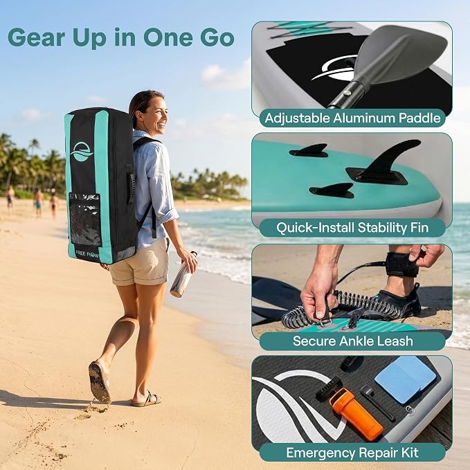 SereneLife 10’6" Inflatable Stand Up Paddle Board with Premium SUP Accessories - Wide Stable Design with Non-Slip EVA Deck Pad, for Youth and Adults, 350 lbs. Capacity